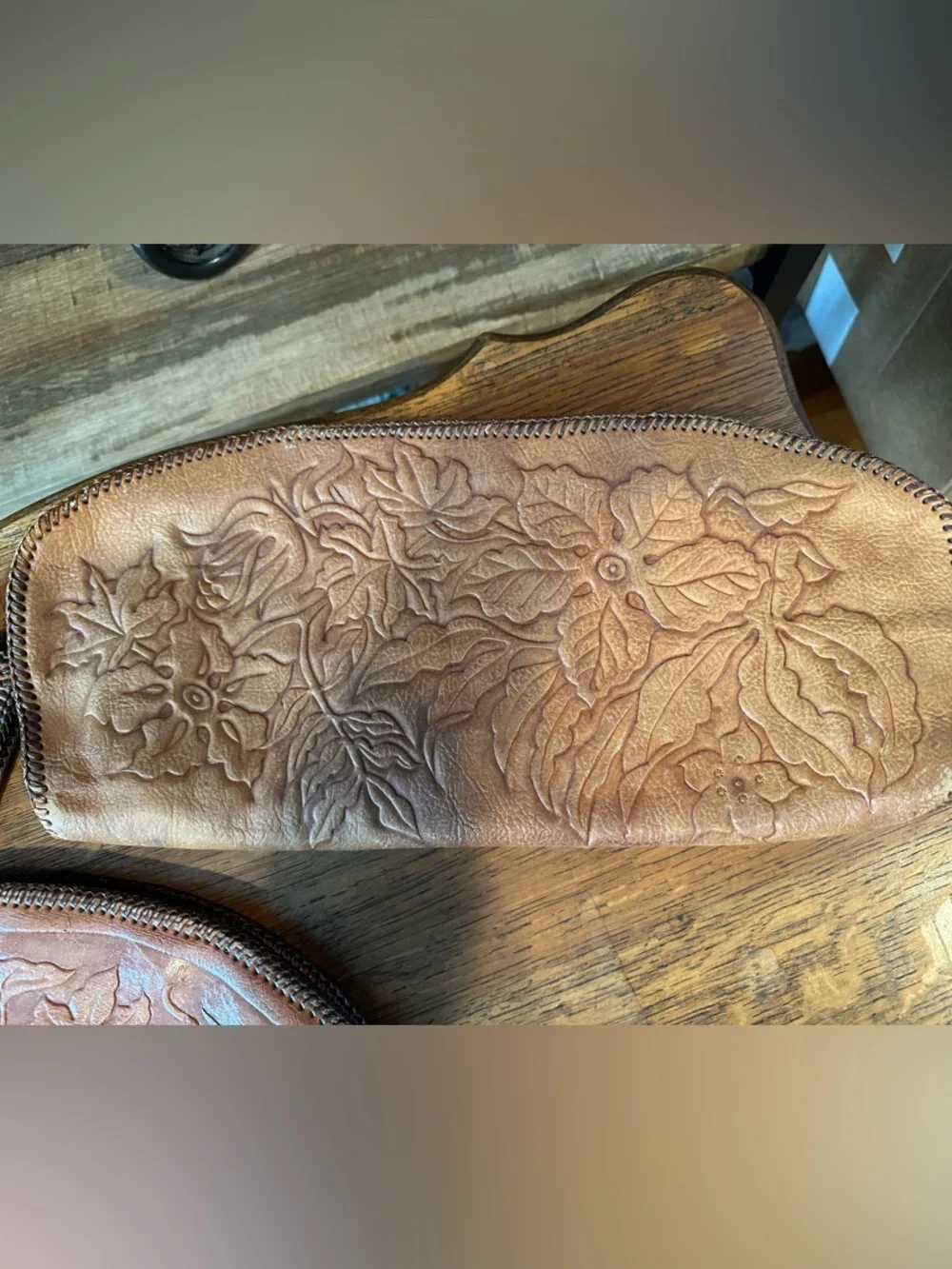 Hand-Tooled Floral Leather Clutch Wristlet - Brown